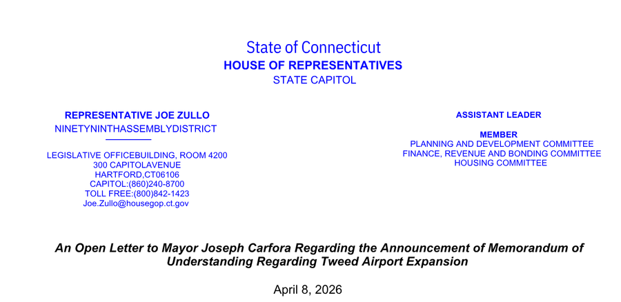 Letter from Rep. Zullo to the Mayor of New Haven regarding Tweed Airport development